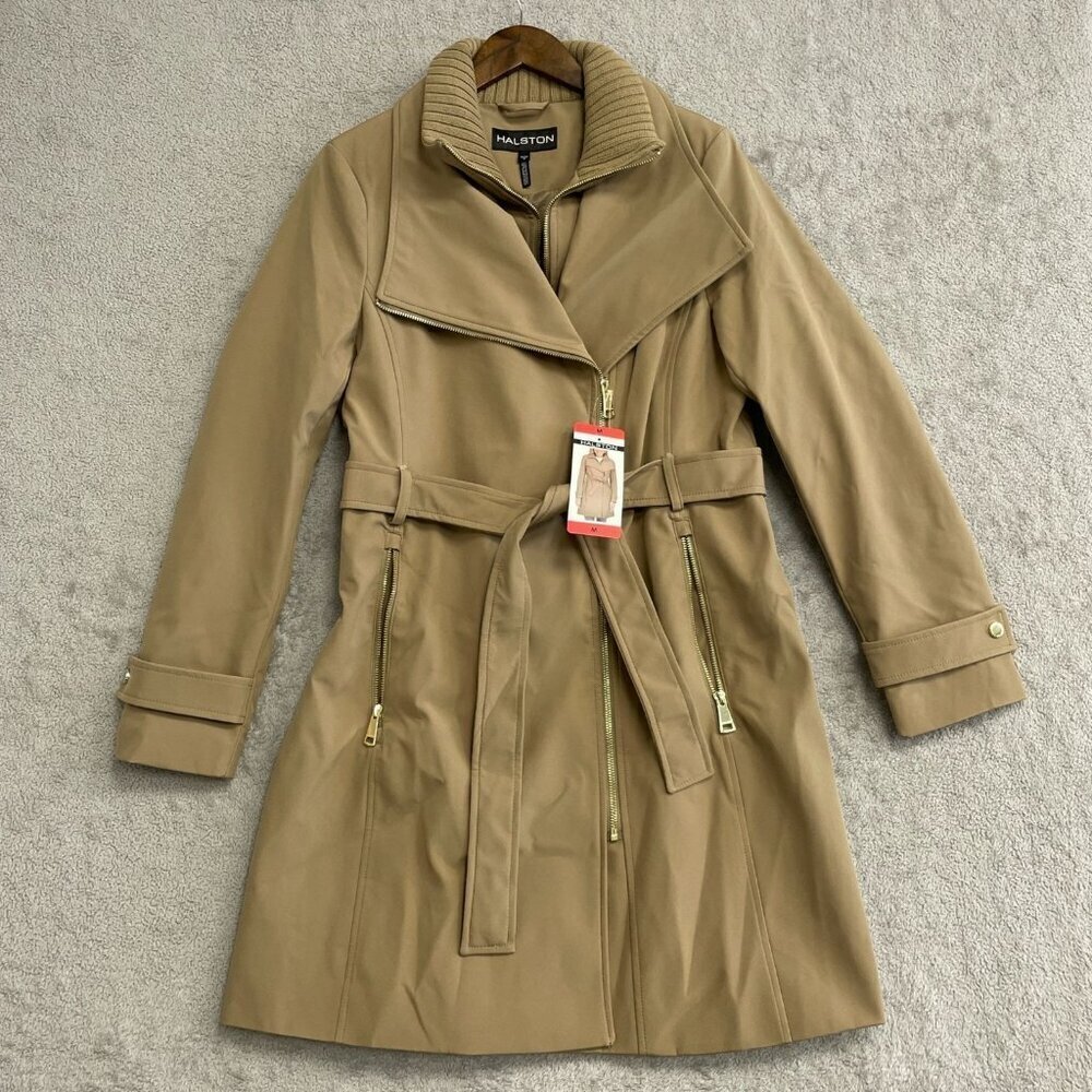 NEW Halston Women's M Tan Belted Mid Length Trench Coat Full Zip Tan